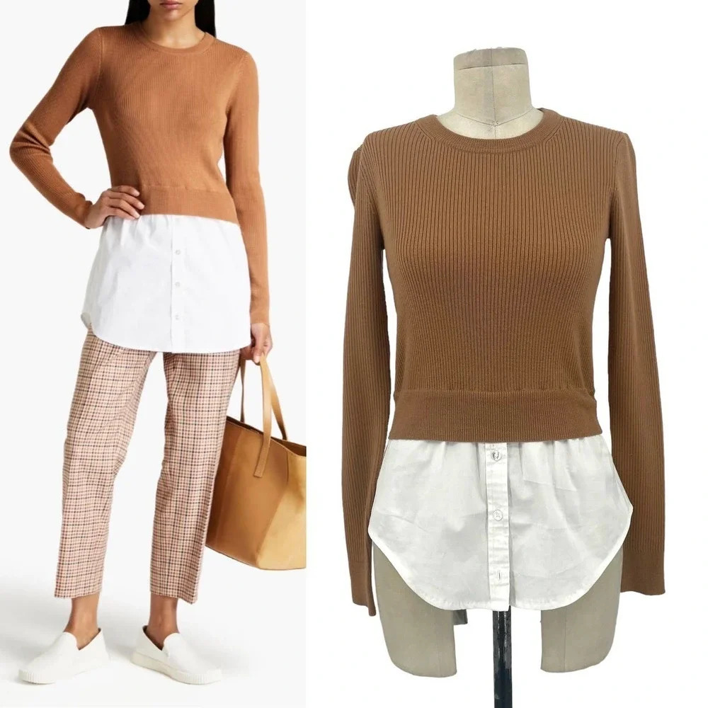Veronica‎ Beard Rocha Poplin-paneled Merino Wool Sweater In Camel Size XS